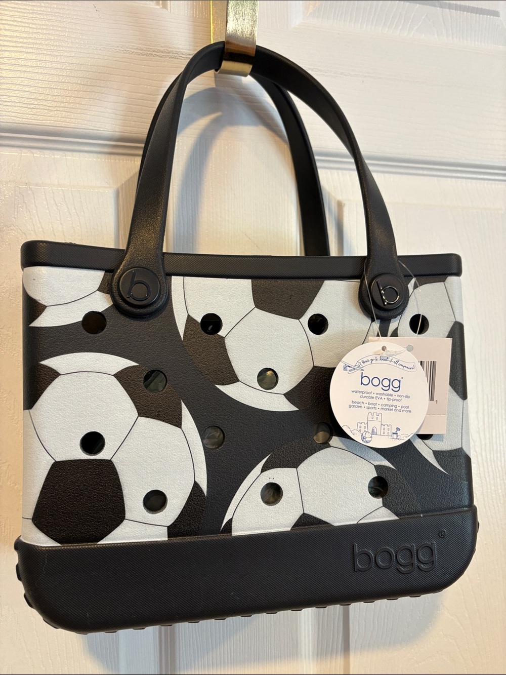 NWT Bogg BabyBag Soccer Print Tote Black White Large Waterproof Beach Sports Bag